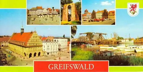 Ansichtskarte lang, Greifswald, fünf Abb., und Wappen, 1983