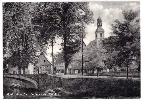Ansichtskarte, Großschönau Sa., Partie an der Mandau mit Brücke und Kirche, 1961