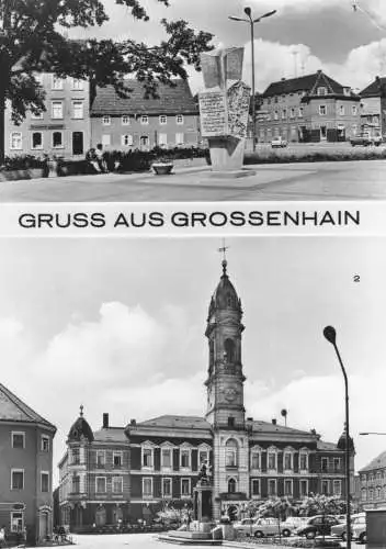 AK, Grossenhain, zwei Abb., Leninplatz, Rathaus, 1977