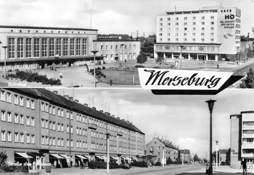 Ansichtskarte, Merseburg, zwei Abb., Bahnhof und Str. des Friedens, 1966
