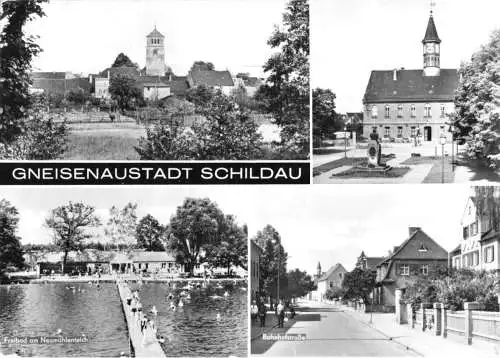 Ansichtskarte, Gneisenaustadt Schildau, vier Abb., u.a. Freibad, 1979