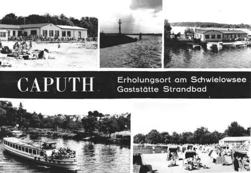 Ansichtskarte, Caputh Kr. Potsdam, Gaststätte Strandbad Caputh, fünf Abb., gestaltet, 1973