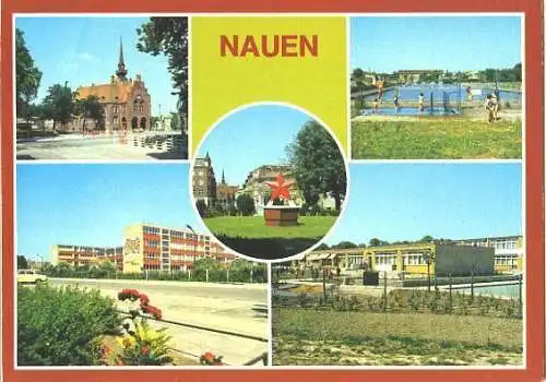 Ansichtskarte, Nauen, 5 Abb., u.a. Wilhelm-Pieck-Oberschule, 1982