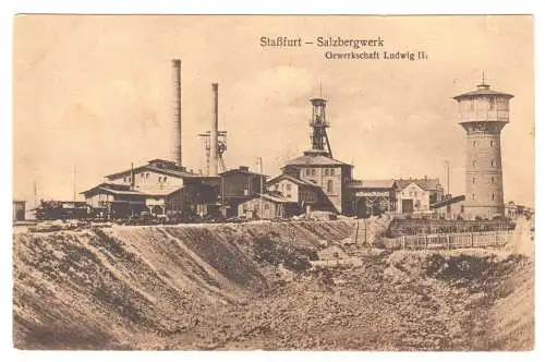 AK, Staßfurt, Salzbergwerk, Gewerkschaft Ludwig II., Gebäude, Wasserturm, 1920