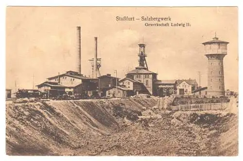 Ansichtskarte, Staßfurt, Salzbergwerk, Gewerkschaft Ludwig II., Gebäude, Wasserturm, 1920