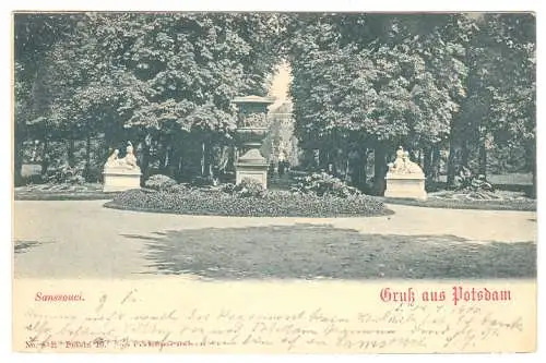 Ansichtskarte, Potsdam, Park Sanssouci, Schmuckelemente auf der Hauptachse zum Schloß, 1900