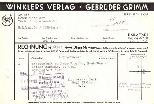 Rechnung, Winklers Verlag - Gebrüder Grimm, Darmstadt, 30.1.40