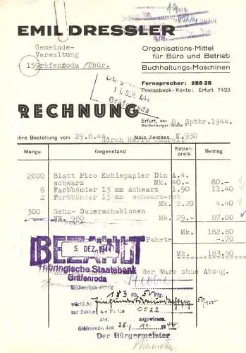 Rechnung, Fa. Emil Dressler, Organisations-Mittel für Büro..., Erfurt, 8.9.1944