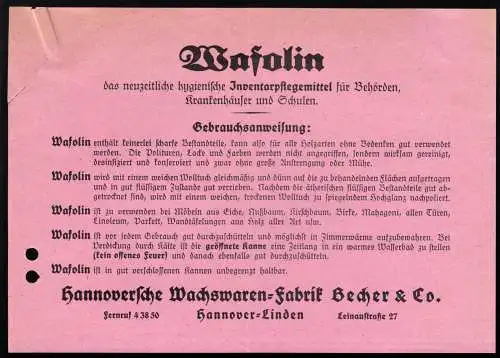 Werbeblatt der Fa. Hannoversche Wachswaren-Fabrik Becher & Co., 1930er