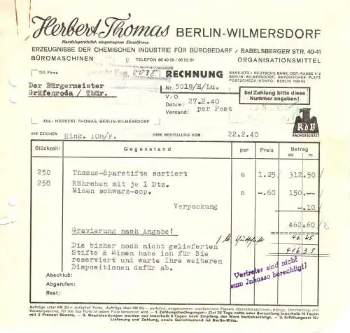 Rechnung, Fa. Herbert Thomas, Berlin Wilmersdorf, 27.2.40