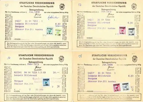 6 Beitragsrechnungen d. staatl. Versicherung der DDR, Beitragsmarken, 1973-76