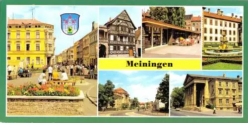 Ansichtskarte lang, Meiningen, sechs Abb. und Wappen, 1985