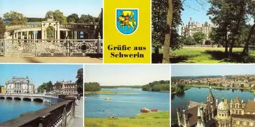 Ansichtskarte lang, Schwerin, fünf Abb. mit Wappen, 1989