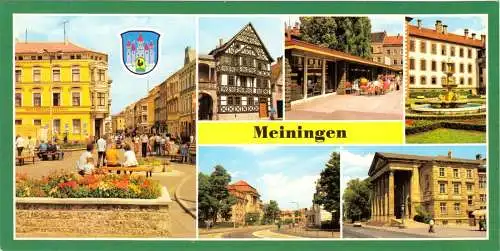 Ansichtskarte lang, Meiningen, sechs Abb., Wappen, 1987
