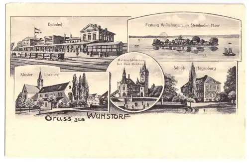 Ansichtskarte, Wunstorf, fünf Abb. u.a. Bahnhof, um 1910