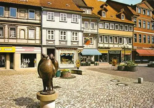 Ansichtskarte, Osterode am Harz, Markt mit Skulptur "Marktweiber", 1985