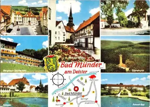 Ansichtskarte, Bad Münder am Deister, sieben Abb., gestaltet, Landkarte, 1974