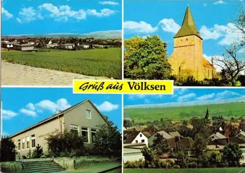 Ansichtskarte, Völksen, vier Abb., u.a. Schule und Kirche, um 1984