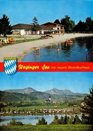 Ansichtskarte, Waging am See, zwei Abb., Strandkurhaus am Waginger See, Totale, 1981