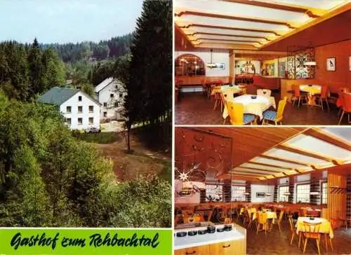 Ansichtskarte, Grafenhaig im Frankenwald, Gasthof zum Rehbachthal, drei Abb., um 1970