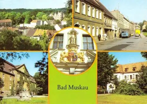 Ansichtskarte, Bad Muskau, fünf Abb., u.a. Ernst-Thälmann-Str., 1985