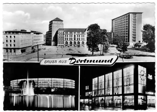 Ansichtskarte, Dortmund, drei innerstädtische Motive, davon zwei Nachtansichten, 1963