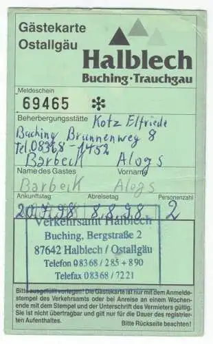 Gästekarte Ostallgäu, Halblech, Buching, Trauchgau, 1998