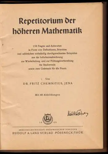 Chemnitius, Fritz, Repetitorium der höheren Mathematik, 1949