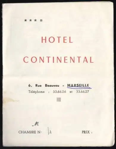 Werbeprospekt mit Innenstadtplan, Hotel Continental, Marseille, um 1965