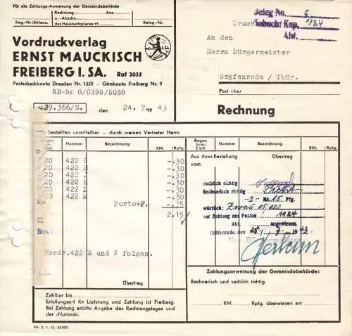 Rechnung, Fa. Ernst Mauckisch, Vordruckverlag, Freiberg i. Sa., 1943