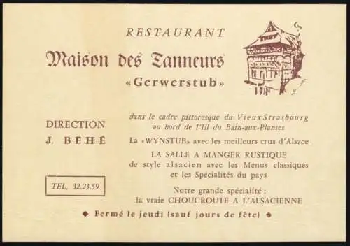 Gaststättenkarte, Restaurant Maison des Tanneurs, "Gerwerstub", Strasbourg, 1968