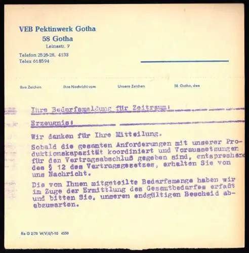 Mitteilungsbeleg der Fa. VEB Pektinwerk Gotha aus dem Jahre 1978