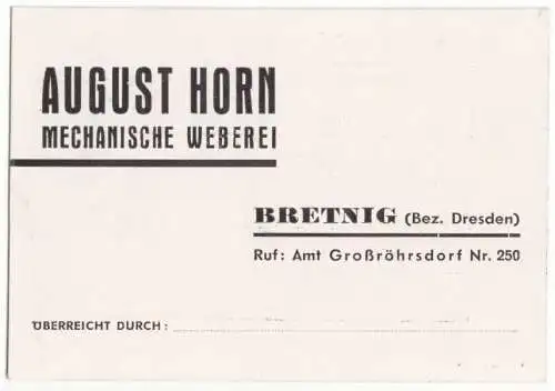 Vertreterkarte, Fa. August Horn, Mechanische Weberei, Bretnig Bez. Dresden, 1950