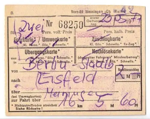 Fahrkarte, Deutsche Reichsbahn, Berlin-Stadtb - Eisfeld, Nachlösez., 23.5.77