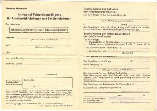 Deutsche Reichsbahn, Antrag auf Fahrpreisermäßigung für Arbeiterrückfahrkarten