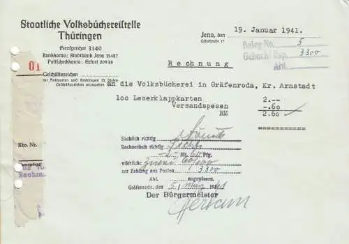 Rechnung, Staatliche Volksbüchereistelle Thüringen, Jena, 19.01.41