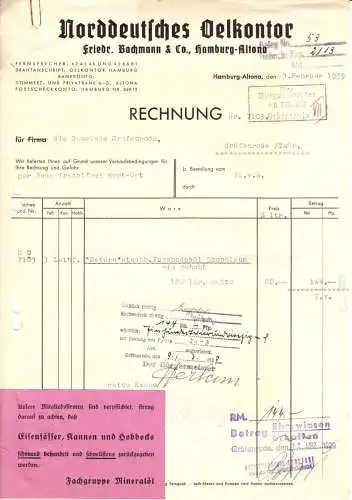 Rechnung, Norddeutsches Oelkontor, Friedr. Bachmann & Co., Hamburg-Altona, 1939