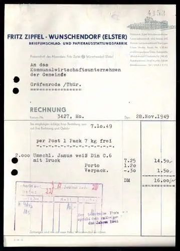 Rechnung, Fa. Fritz Zipfel, Wünschendorf Elster, Papierausstattungsfabrik, 1949