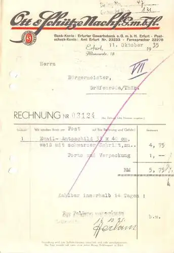 Rechnung, Fa. Ott & Schütze Nachf. GmbH, Erfurt, Altonaerstr. 18, 11.10.35