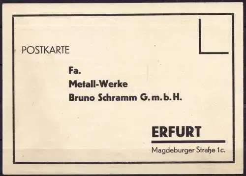 Vertreterkarte / Postkarte der Fa. Metallwerke Bruno Schramm GmbH, Erfurt, 1938