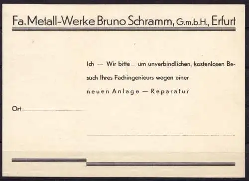 Vertreterkarte / Postkarte der Fa. Metallwerke Bruno Schramm GmbH, Erfurt, 1938