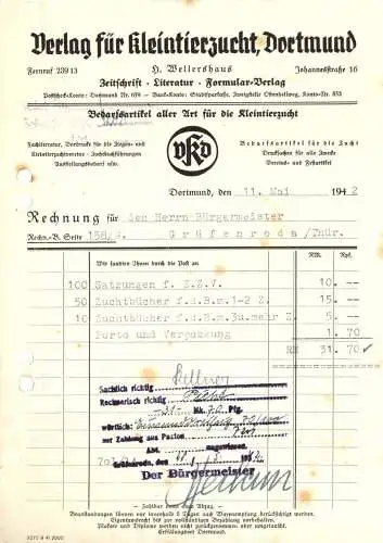 Rechnung, Verlag für Kleintierzucht, Dortmund, 1942