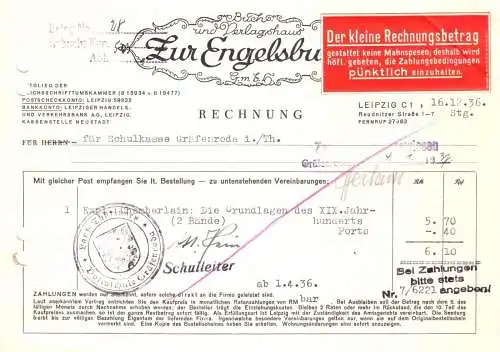 Rechnung, Buch- und Verlagshaus "Zur Engelsburg", Leipzig C 1, 16.12.36