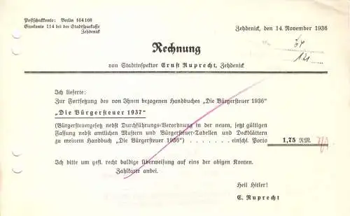Drei Rechnungen, E. Ruprecht, Stadtoberinspektor, Zedenick, 1936 bzw. 1939 (2)