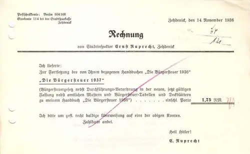 drei Rechnungen, E. Ruprecht, Stadtoberinspektor, Zedenick, 1936 bzw. 1939 (2)