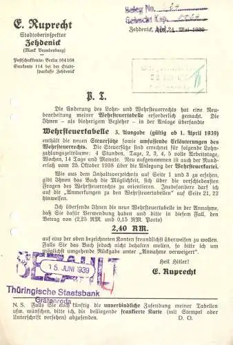 drei Rechnungen, E. Ruprecht, Stadtoberinspektor, Zedenick, 1936 bzw. 1939 (2)