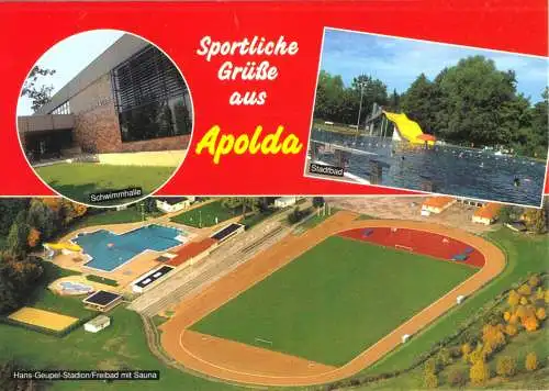 Ansichtskarte, Apolda, Sportanlagen, u.a. Stadion, um 2000
