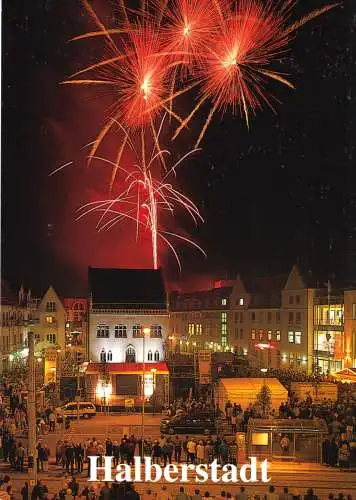 Ansichtskarte, Halberstadt, Holzmarkt mit Veranstaltung und Feuerwerk, um 1993
