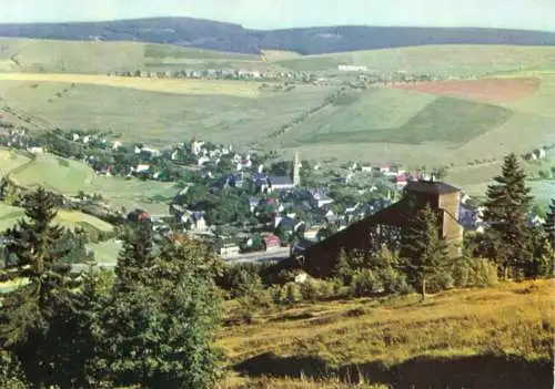Ansichtskarte, Kurort Oberwiesenthal, Gesamtansicht mit Sprungschanze, 1964