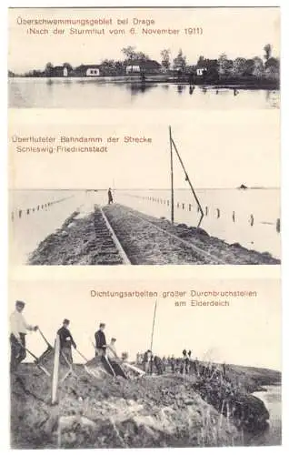 Ansichtskarte, Drage Nordfriesland, Überschwemmungen nach Sturmflut vom 6.11.1911, drei Abb